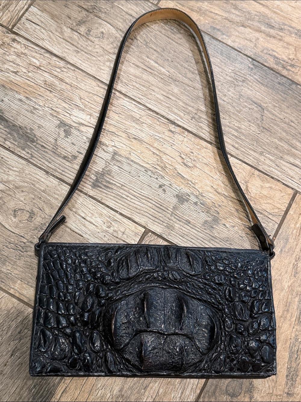 Vintage Black Caiman leather hornback Crocodile Handbag purse South Asia